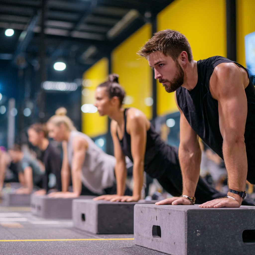 Skupina usmiatenych dospelých Slovákov rôzneho veku po skončení skupinového cvičenia vonku, vyjadrujúcich spokojnosť a energiu